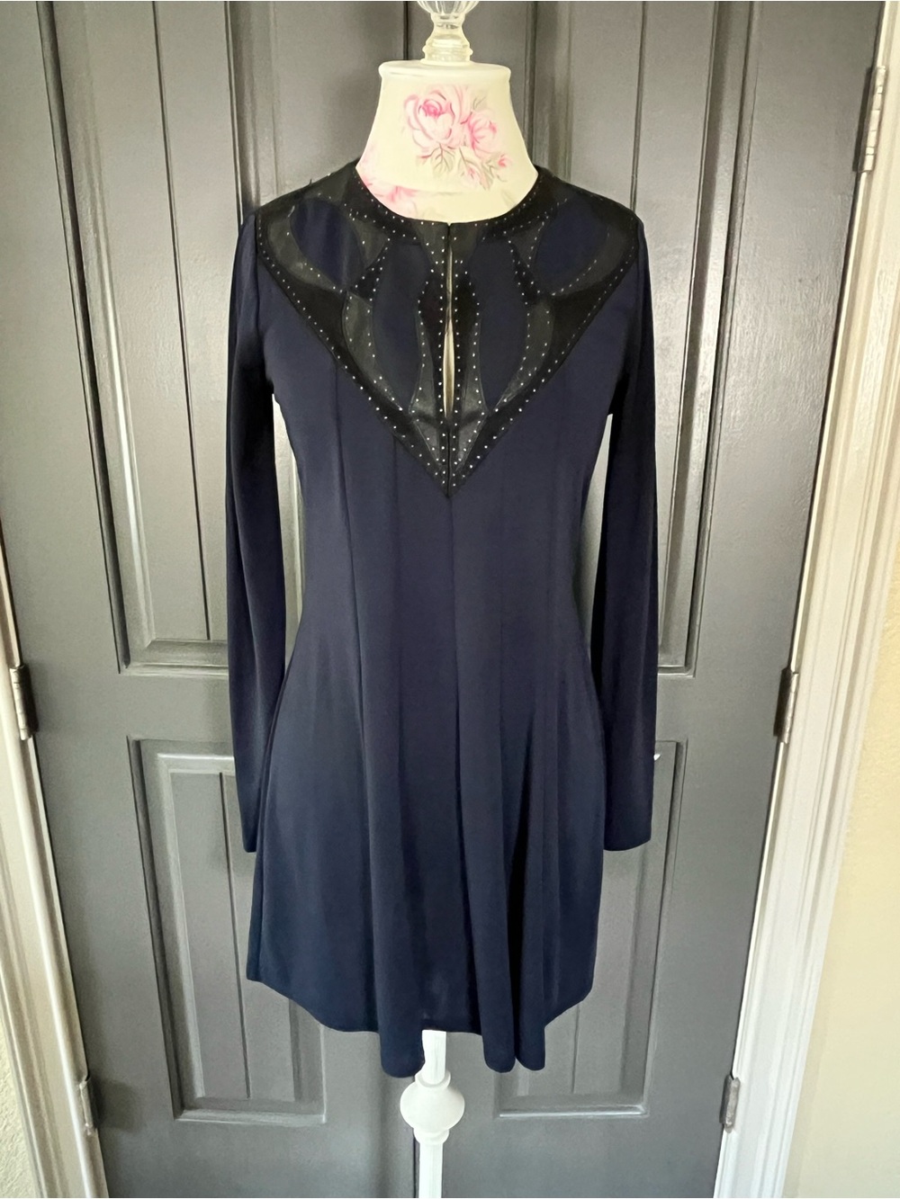 BCBGMaxAzria Navy and Black Long-Sleeve Dress with Studded Faux-Leather Yoke